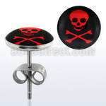 er197 par piercings oreja acero inoxidable logo calavera roja huesos cruzados fondo negro 10mm distribuidor