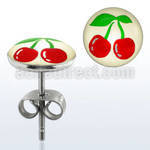 er204 par piercings oreja acero inoxidable logo cerezas estilo vintage fondo blanco 10mm distribuidor