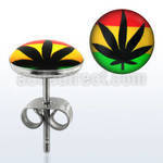 er206 par piercings oreja acero inoxidable logo hoja marihuana fondo colores rasta 10mm al por mayor