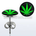 er209 par piercings oreja acero inoxidable logo hoja marihuana verde fondo negro 10mm mayorista