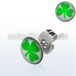 er236 par piercings oreja acero inoxidable logo trebol verde fondo blanco 7mm al por mayor