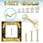 gbbz 14k gold threadless push pin barbell 16g prong set cz