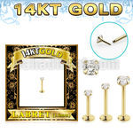 glbzx 14k gold labret round clear cz push pin prong