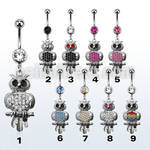 mcd468 piercing ombligo acero quirurgico bola joya bisel 8mm buho sentado rama cristal colgado 10mm al por mayor