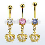 mdgz590 piercing ombligo acero 316l pvd dorado zirconita redonda 8mm colgante corona zirconia oro mayorista