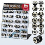 mgipl display 24 plugs falsos magneticos anodizados negro logos variados rayados laser distribuidor mayorista