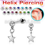 steel helix barbell w jewel ball dangling steell star
