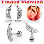 trg29 piercing tragus acero quirurgico pluma hacia izquierda derecha bola acero liso 3mm inferior mayorista